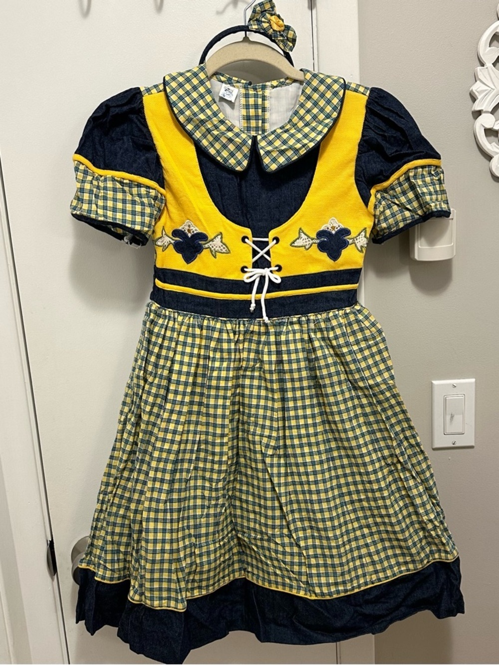 Vintage Narci Stell Colombia Gingham Prairie Dress Headband Girls 10 Blue Yellow